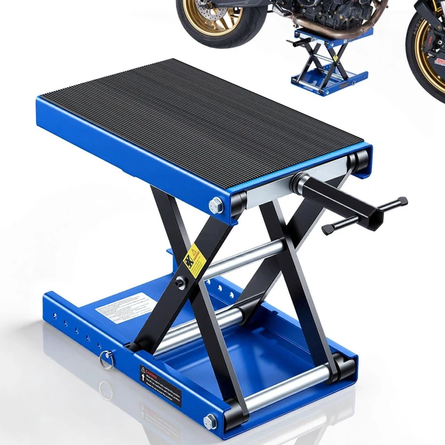Main image of VEVOR Motorcycle Lift, 1100 lbs Motorcycle Scissor Lift Jack with Wide Deck & Lock Pin, 3.74"-13.38" Center Hoist Crank Stand, Steel Scissor Jack for Street Bikes, Cruiser Bikes, Touring, Blue/Black