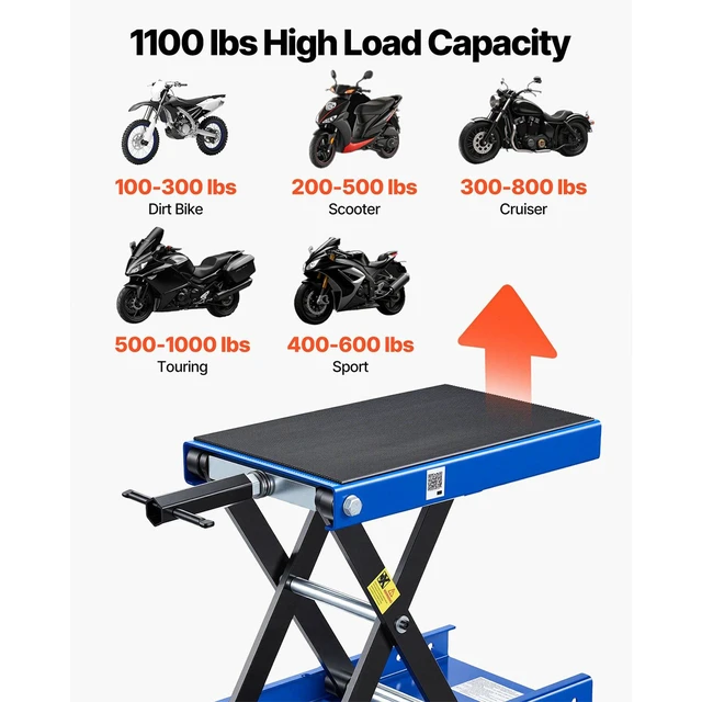 Alt view image 2 of 8 - VEVOR Motorcycle Lift, 1100 lbs Motorcycle Scissor Lift Jack with Wide Deck & Lock Pin, 3.74"-13.38" Center Hoist Crank Stand, Steel Scissor Jack for Street Bikes, Cruiser Bikes, Touring, Blue/Black