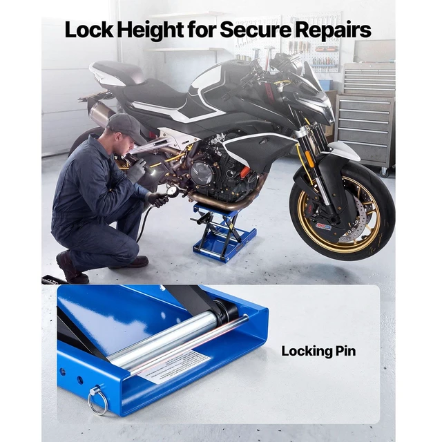 Alt view image 5 of 8 - VEVOR Motorcycle Lift, 1100 lbs Motorcycle Scissor Lift Jack with Wide Deck & Lock Pin, 3.74"-13.38" Center Hoist Crank Stand, Steel Scissor Jack for Street Bikes, Cruiser Bikes, Touring, Blue/Black