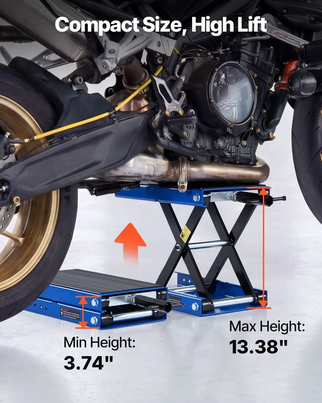 Alt view image 3 of 8 - VEVOR Motorcycle Lift, 1100 lbs Motorcycle Scissor Lift Jack with Wide Deck & Lock Pin, 3.74"-13.38" Center Hoist Crank Stand, Steel Scissor Jack for Street Bikes, Cruiser Bikes, Touring, Blue/Black