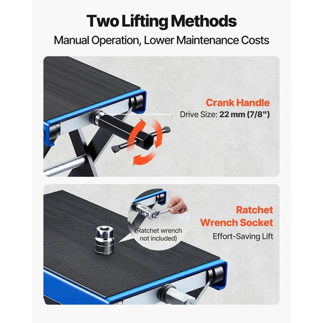 Alt view image 4 of 8 - VEVOR Motorcycle Lift, 1100 lbs Motorcycle Scissor Lift Jack with Wide Deck & Lock Pin, 3.74"-13.38" Center Hoist Crank Stand, Steel Scissor Jack for Street Bikes, Cruiser Bikes, Touring, Blue/Black