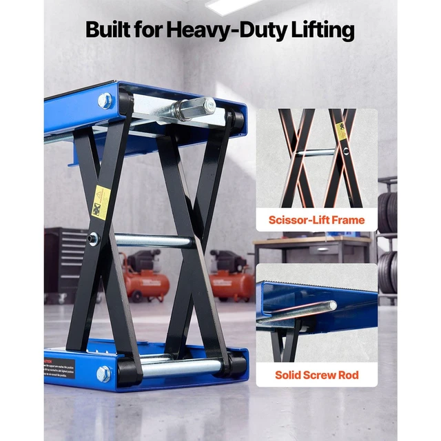 Alt view image 7 of 8 - VEVOR Motorcycle Lift, 1100 lbs Motorcycle Scissor Lift Jack with Wide Deck & Lock Pin, 3.74"-13.38" Center Hoist Crank Stand, Steel Scissor Jack for Street Bikes, Cruiser Bikes, Touring, Blue/Black