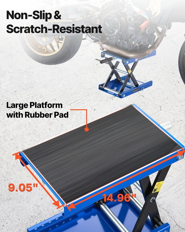 Alt view image 6 of 8 - VEVOR Motorcycle Lift, 1100 lbs Motorcycle Scissor Lift Jack with Wide Deck & Lock Pin, 3.74"-13.38" Center Hoist Crank Stand, Steel Scissor Jack for Street Bikes, Cruiser Bikes, Touring, Blue/Black