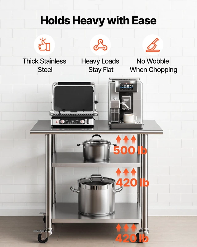Alt view image 4 of 8 - VEVOR Stainless Steel Work Table, 24x36 Inch Food Prep Table with 2 Shelves and Wheels, Commercial Kitchen Workstation, Metal Heavy Duty Utility Worktable, for Restaurant Home Hotel Garage Outdoor