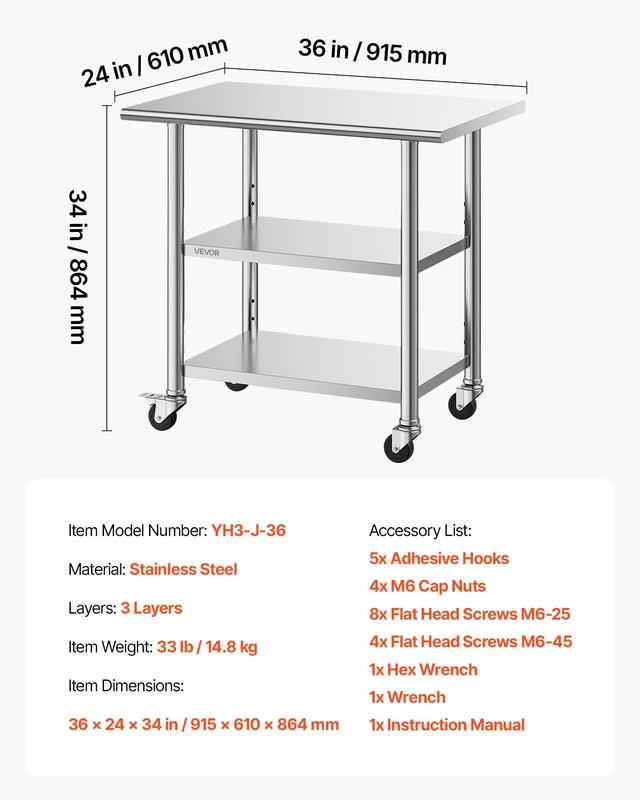 Alt view image 7 of 8 - VEVOR Stainless Steel Work Table, 24x36 Inch Food Prep Table with 2 Shelves and Wheels, Commercial Kitchen Workstation, Metal Heavy Duty Utility Worktable, for Restaurant Home Hotel Garage Outdoor