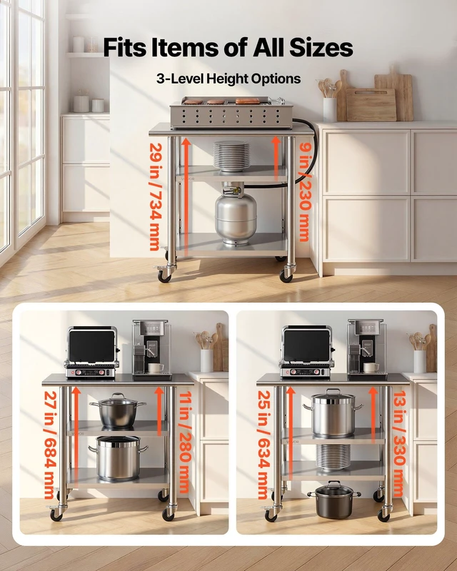 Alt view image 6 of 8 - VEVOR Stainless Steel Work Table, 24x36 Inch Food Prep Table with 2 Shelves and Wheels, Commercial Kitchen Workstation, Metal Heavy Duty Utility Worktable, for Restaurant Home Hotel Garage Outdoor