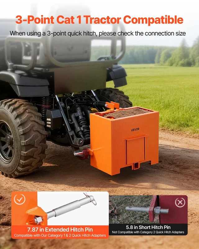 Alt view image 2 of 8 - VEVOR Ballast Box, 3-Point Category 1 Tractor Ballast of 800 lbs Capacity, Standard 2 Inch Hitch Receiver, Heavy-Duty Steel 3.2 ft³ Large Volume Durable Loader Attachment with Sliding Door, Orange