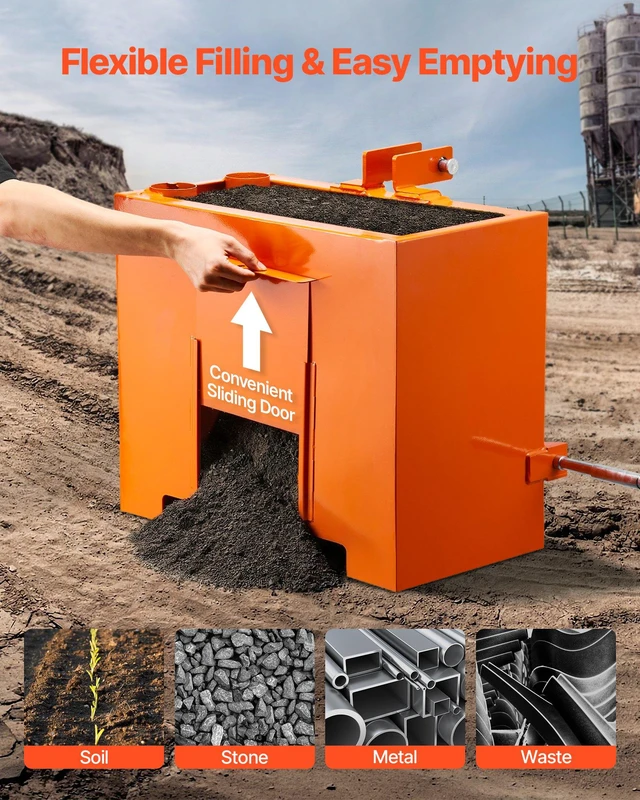 Alt view image 5 of 8 - VEVOR Ballast Box, 3-Point Category 1 Tractor Ballast of 800 lbs Capacity, Standard 2 Inch Hitch Receiver, Heavy-Duty Steel 3.2 ft³ Large Volume Durable Loader Attachment with Sliding Door, Orange