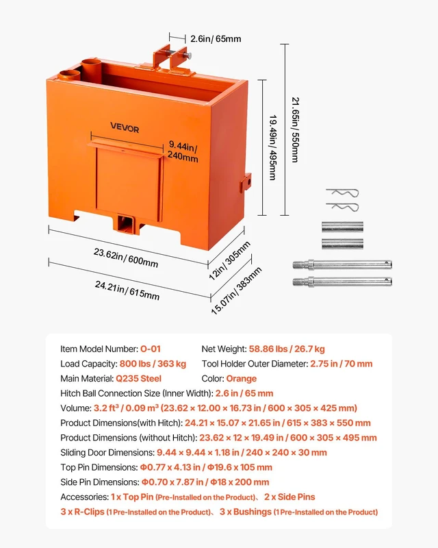 Alt view image 7 of 8 - VEVOR Ballast Box, 3-Point Category 1 Tractor Ballast of 800 lbs Capacity, Standard 2 Inch Hitch Receiver, Heavy-Duty Steel 3.2 ft³ Large Volume Durable Loader Attachment with Sliding Door, Orange