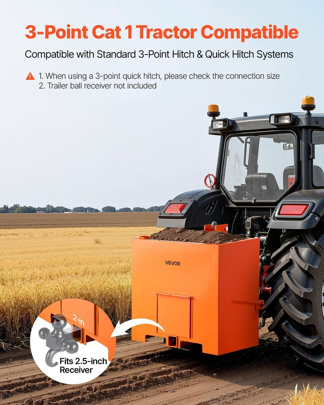 Alt view image 2 of 8 - VEVOR Ballast Box, 3-Point Category 1 Tractor Ballast of 800 lbs Capacity, with Standard 2 Inch Hitch Receiver, Heavy-Duty Steel 5 ft³ Large Volume Durable Loader Attachment with Sliding Door, Orange