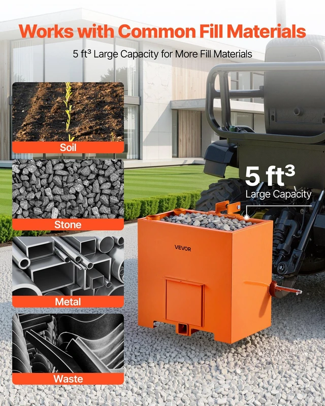 Alt view image 5 of 8 - VEVOR Ballast Box, 3-Point Category 1 Tractor Ballast of 800 lbs Capacity, with Standard 2 Inch Hitch Receiver, Heavy-Duty Steel 5 ft³ Large Volume Durable Loader Attachment with Sliding Door, Orange