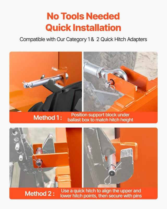 Alt view image 6 of 8 - VEVOR Ballast Box, 3-Point Category 1 Tractor Ballast of 800 lbs Capacity, with Standard 2 Inch Hitch Receiver, Heavy-Duty Steel 5 ft³ Large Volume Durable Loader Attachment with Sliding Door, Orange
