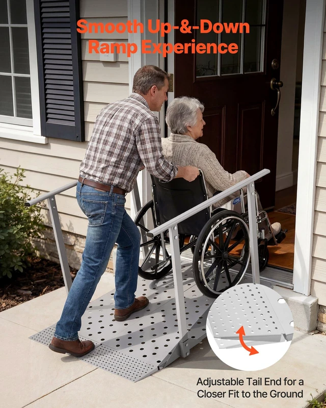 Alt view image 2 of 8 - VEVOR Wheelchair Ramp with Handrails, 44.9 x 33.5 in, Heavy Duty Carbon Steel Handicap Ramp, 440 lbs Capacity, Non-Slip Portable Threshold Ramps for Home Steps, Stairs, Doorways, Curbs, Walkers,