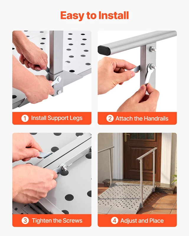 Alt view image 5 of 8 - VEVOR Wheelchair Ramp with Handrails, 44.9 x 33.5 in, Heavy Duty Carbon Steel Handicap Ramp, 440 lbs Capacity, Non-Slip Portable Threshold Ramps for Home Steps, Stairs, Doorways, Curbs, Walkers,