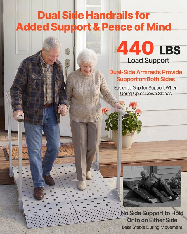 Alt view image 3 of 8 - VEVOR Wheelchair Ramp with Handrails, 44.9 x 33.5 in, Heavy Duty Carbon Steel Handicap Ramp, 440 lbs Capacity, Non-Slip Portable Threshold Ramps for Home Steps, Stairs, Doorways, Curbs, Walkers,