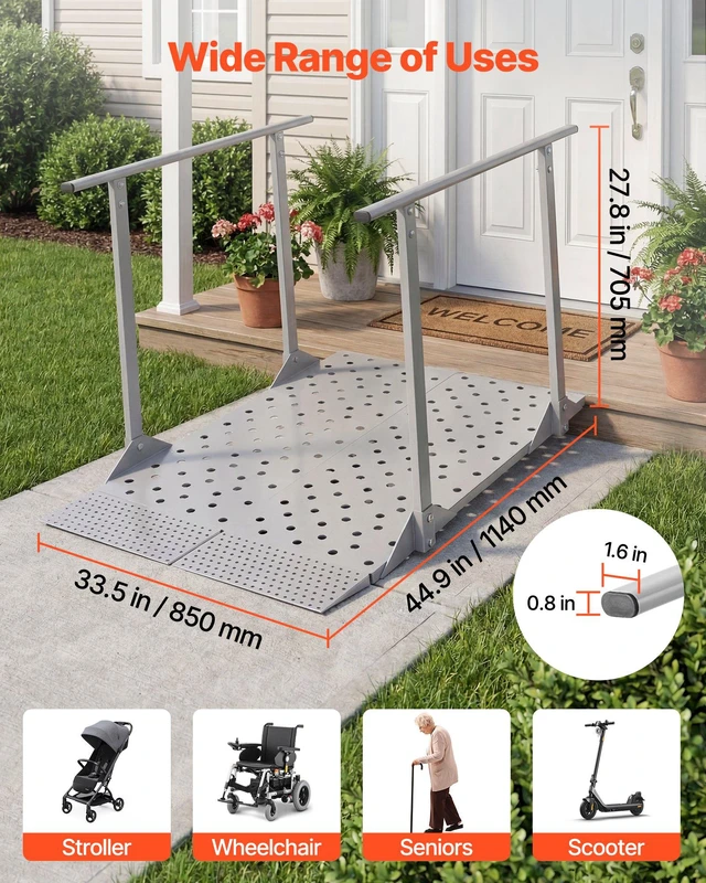 Alt view image 6 of 8 - VEVOR Wheelchair Ramp with Handrails, 44.9 x 33.5 in, Heavy Duty Carbon Steel Handicap Ramp, 440 lbs Capacity, Non-Slip Portable Threshold Ramps for Home Steps, Stairs, Doorways, Curbs, Walkers,