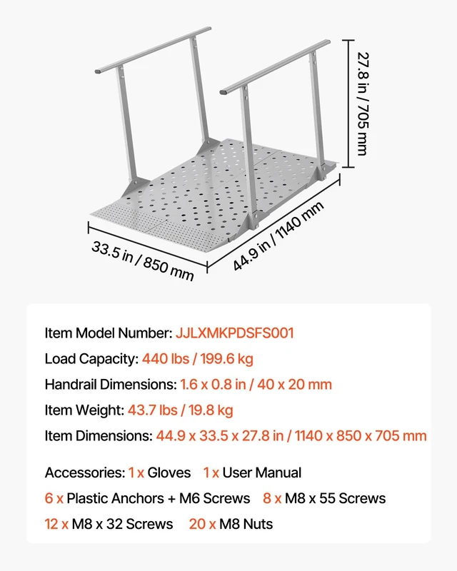 Alt view image 7 of 8 - VEVOR Wheelchair Ramp with Handrails, 44.9 x 33.5 in, Heavy Duty Carbon Steel Handicap Ramp, 440 lbs Capacity, Non-Slip Portable Threshold Ramps for Home Steps, Stairs, Doorways, Curbs, Walkers,