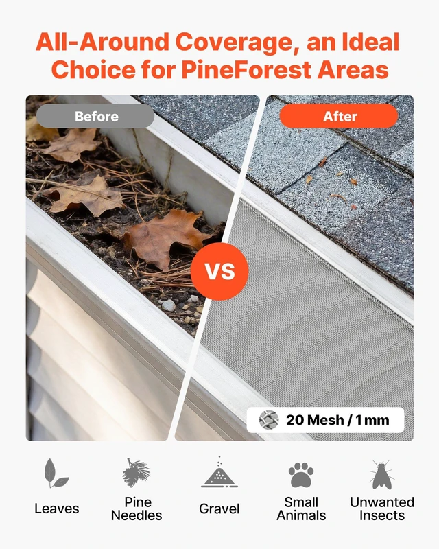 Alt view image 2 of 8 - VEVOR Gutter Guard, 6 in Aluminum Gutter Cover with Stainless Steel Micro Mesh, Heavy-Duty 48ft Length, 0.04in Thick, Leaf Guard for Debris and Pine Needles, Easy DIY Install, Screws Included, 12 PCS