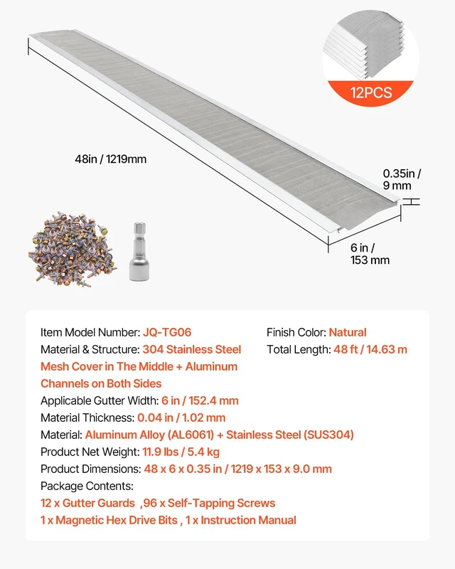 Alt view image 7 of 8 - VEVOR Gutter Guard, 6 in Aluminum Gutter Cover with Stainless Steel Micro Mesh, Heavy-Duty 48ft Length, 0.04in Thick, Leaf Guard for Debris and Pine Needles, Easy DIY Install, Screws Included, 12 PCS