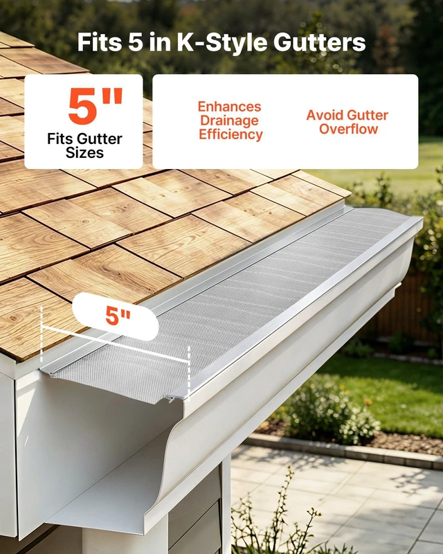 Alt view image 4 of 8 - VEVOR Gutter Guard, 5 in Aluminum Gutter Cover with Stainless Steel Micro Mesh, Heavy-Duty 48ft Length, 0.04in Thick, Leaf Guard for Debris and Pine Needles, Easy DIY Install, Screws Included, 12 PCS