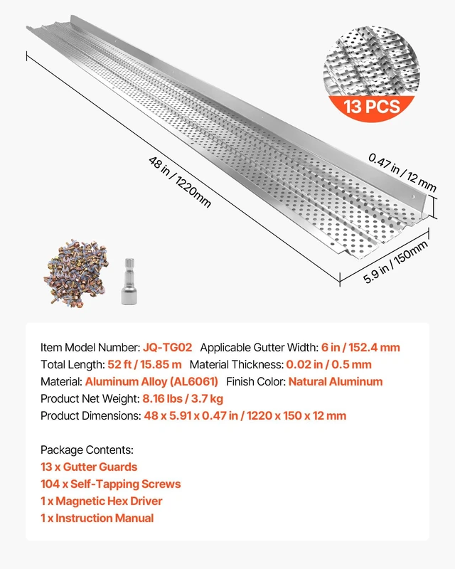 Alt view image 7 of 8 - VEVOR Gutter Guard, 6 in Aluminum Gutter Cover Heavy-Duty, 52ft Length Protection Cover for Leaf & Debris, 0.02 in Thickness Mill Finish, Easy DIY Install, Fast Drainage, Screws Included, 13 PCS