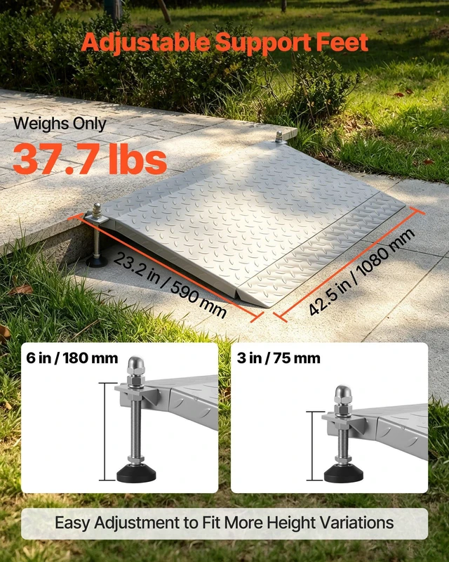 Alt view image 4 of 8 - VEVOR Threshold Ramp for Doorways, 42.5 x 23.2 in, Platform Aluminum Wheelchair Ramp with Adjustable Height, Non-Slip Door Threshold Ramps, 1000 lbs Capacity, for Home Steps, Wheelchairs, Walkers