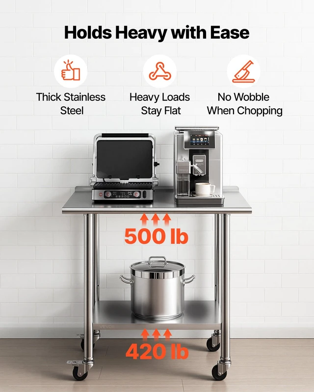 Alt view image 4 of 8 - VEVOR Stainless Steel Work Table, 24x36 inch Food Prep Table with Wheels and Backsplash, Commercial Kitchen Workstation with Adjustable Undershelf, Metal Utility Worktable, for Restaurant Home Outdoor