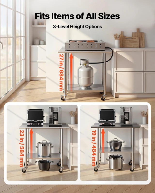 Alt view image 6 of 8 - VEVOR Stainless Steel Work Table, 24x36 inch Food Prep Table with Wheels and Backsplash, Commercial Kitchen Workstation with Adjustable Undershelf, Metal Utility Worktable, for Restaurant Home Outdoor