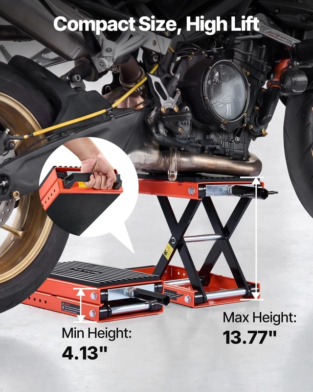 Alt view image 3 of 8 - VEVOR Motorcycle Lift, 1500 lbs Motorcycle Scissor Lift Jack with Wide Deck & Lock Pin, 4.13"-13.77" Center Hoist Crank Stand, Steel Scissor Jack for Street Bikes, Cruiser Bikes, Touring Motorcycles