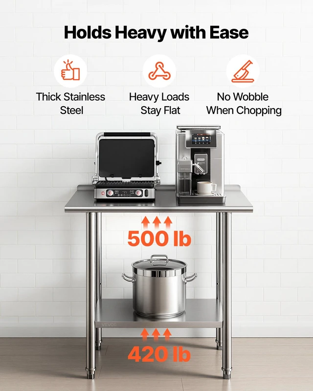 Alt view image 4 of 8 - VEVOR Stainless Steel Work Table, 24x36 Inch Food Prep Table with Backsplash, Commercial Kitchen Workstation with Adjustable Undershelf, Metal Heavy Duty Utility Worktable, for Restaurant Home Outdoor