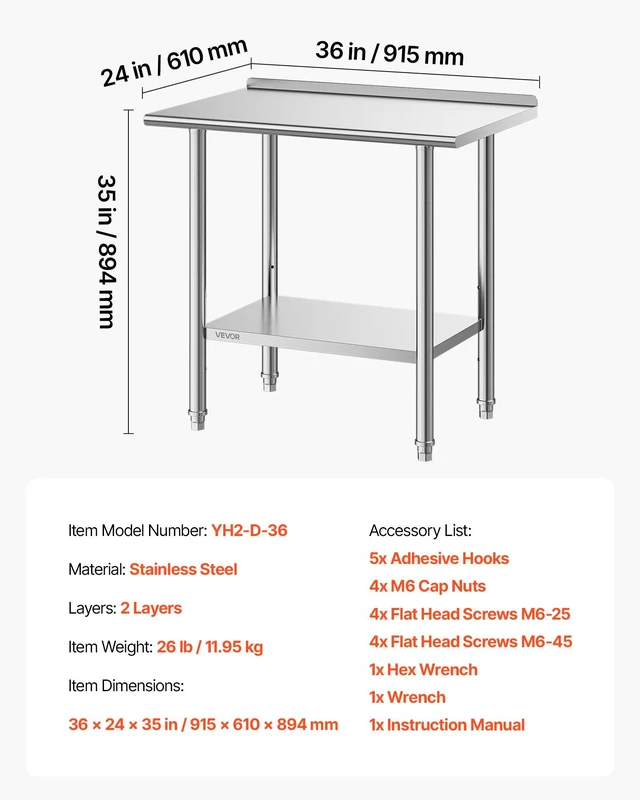Alt view image 7 of 8 - VEVOR Stainless Steel Work Table, 24x36 Inch Food Prep Table with Backsplash, Commercial Kitchen Workstation with Adjustable Undershelf, Metal Heavy Duty Utility Worktable, for Restaurant Home Outdoor