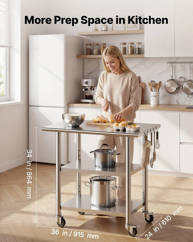 Alt view image 2 of 8 - VEVOR Stainless Steel Work Table, 24x36 Inch Food Prep Table with 2 Shelves and Wheels, Commercial Kitchen Workstation, Metal Heavy Duty Utility Worktable, for Restaurant Home Hotel Garage Outdoor