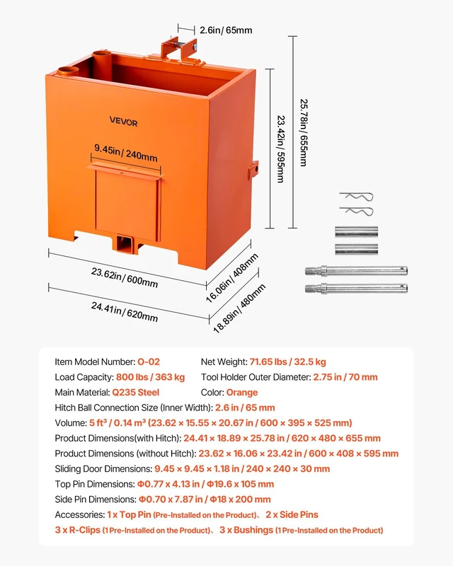 Alt view image 7 of 8 - VEVOR Ballast Box, 3-Point Category 1 Tractor Ballast of 800 lbs Capacity, with Standard 2 Inch Hitch Receiver, Heavy-Duty Steel 5 ft³ Large Volume Durable Loader Attachment with Sliding Door, Orange