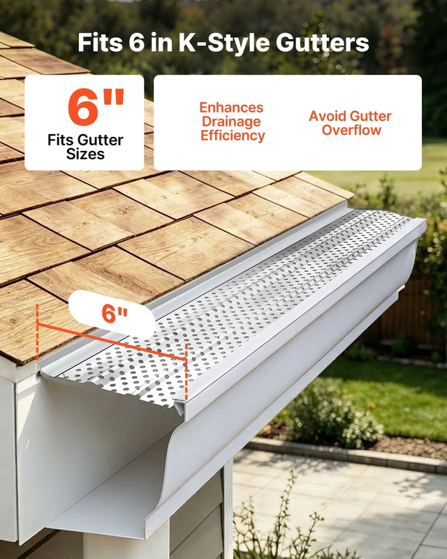 Alt view image 4 of 8 - VEVOR Gutter Guard, 6 in Aluminum Gutter Cover Heavy-Duty, 52ft Length Protection Cover for Leaf & Debris, 0.02 in Thickness Mill Finish, Easy DIY Install, Fast Drainage, Screws Included, 13 PCS