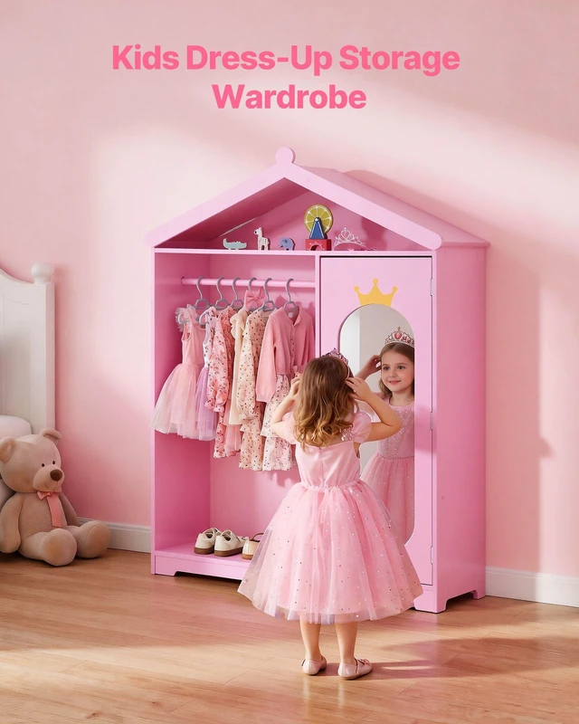 Alt view image 2 of 8 - VEVOR Kids Dress Up Storage, with Mirror, Dress Up Closet, Kids Armoire Wardrobe Closet for Little Girls, Toddler Costume Organizer, Pretend Princess Storage Dresser, for Bedroom, Girls Room, Pink