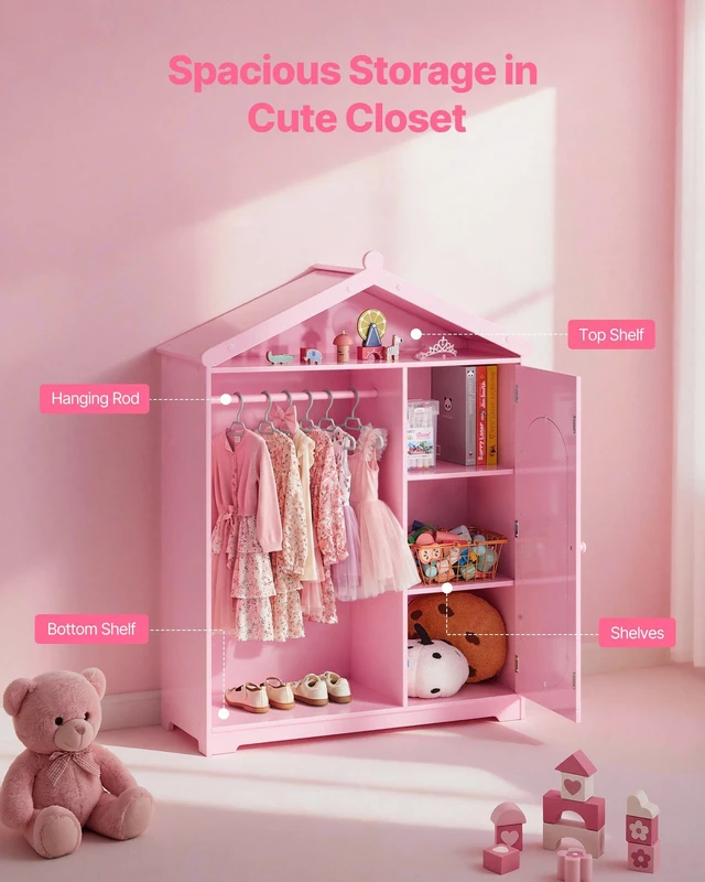 Alt view image 3 of 8 - VEVOR Kids Dress Up Storage, with Mirror, Dress Up Closet, Kids Armoire Wardrobe Closet for Little Girls, Toddler Costume Organizer, Pretend Princess Storage Dresser, for Bedroom, Girls Room, Pink