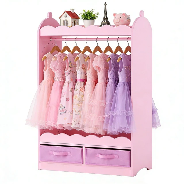 Main image of VEVOR Kids Dress Up Storage, with Mirror, Toddler Costume Wardrobe with Drawer, Dress Up Wardrobe Closet for Little Girls, Pretend Storage Dresser, Costume Organizer, for Bedroom, Kids Room, Pink