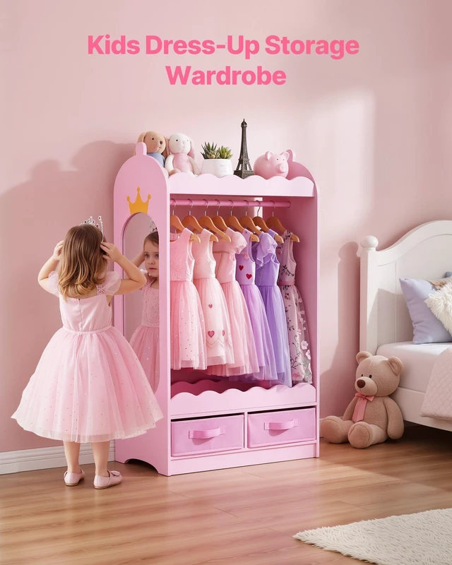 Alt view image 2 of 8 - VEVOR Kids Dress Up Storage, with Mirror, Toddler Costume Wardrobe with Drawer, Dress Up Wardrobe Closet for Little Girls, Pretend Storage Dresser, Costume Organizer, for Bedroom, Kids Room, Pink