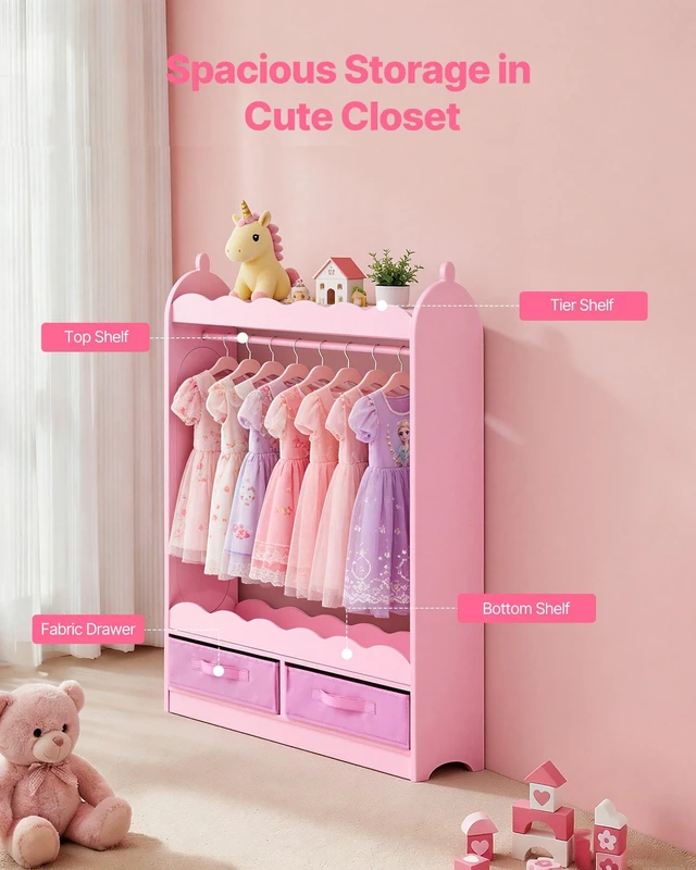 Alt view image 3 of 8 - VEVOR Kids Dress Up Storage, with Mirror, Toddler Costume Wardrobe with Drawer, Dress Up Wardrobe Closet for Little Girls, Pretend Storage Dresser, Costume Organizer, for Bedroom, Kids Room, Pink