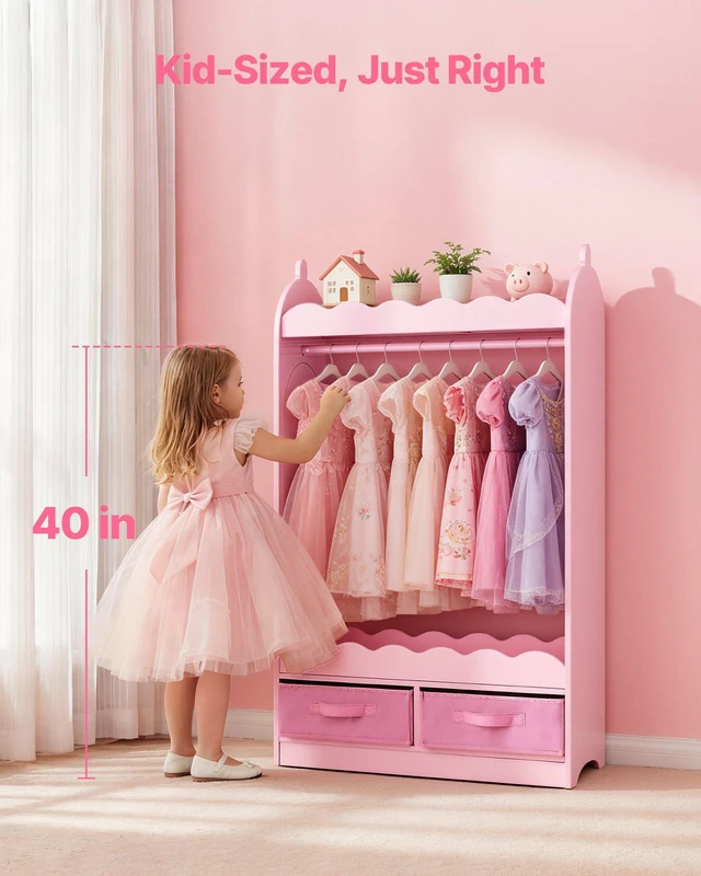 Alt view image 4 of 8 - VEVOR Kids Dress Up Storage, with Mirror, Toddler Costume Wardrobe with Drawer, Dress Up Wardrobe Closet for Little Girls, Pretend Storage Dresser, Costume Organizer, for Bedroom, Kids Room, Pink