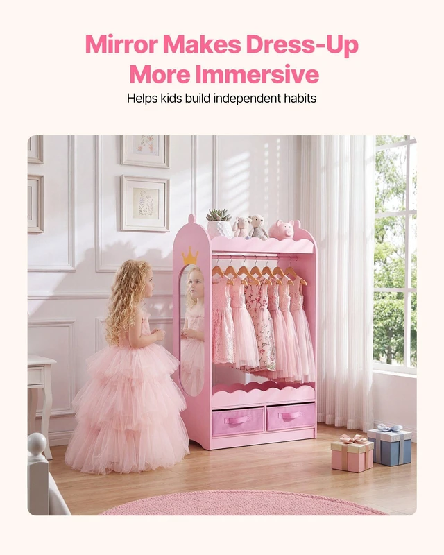 Alt view image 5 of 8 - VEVOR Kids Dress Up Storage, with Mirror, Toddler Costume Wardrobe with Drawer, Dress Up Wardrobe Closet for Little Girls, Pretend Storage Dresser, Costume Organizer, for Bedroom, Kids Room, Pink