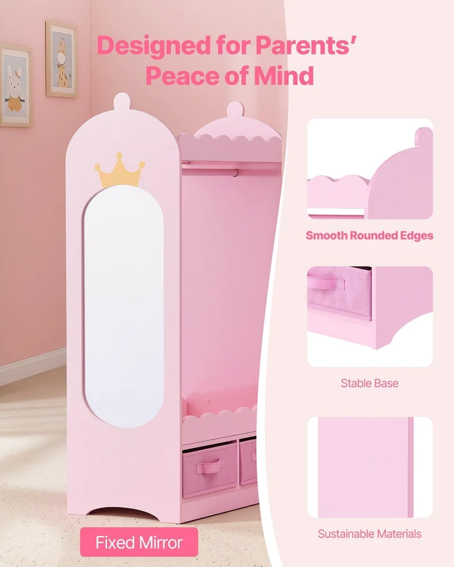 Alt view image 6 of 8 - VEVOR Kids Dress Up Storage, with Mirror, Toddler Costume Wardrobe with Drawer, Dress Up Wardrobe Closet for Little Girls, Pretend Storage Dresser, Costume Organizer, for Bedroom, Kids Room, Pink