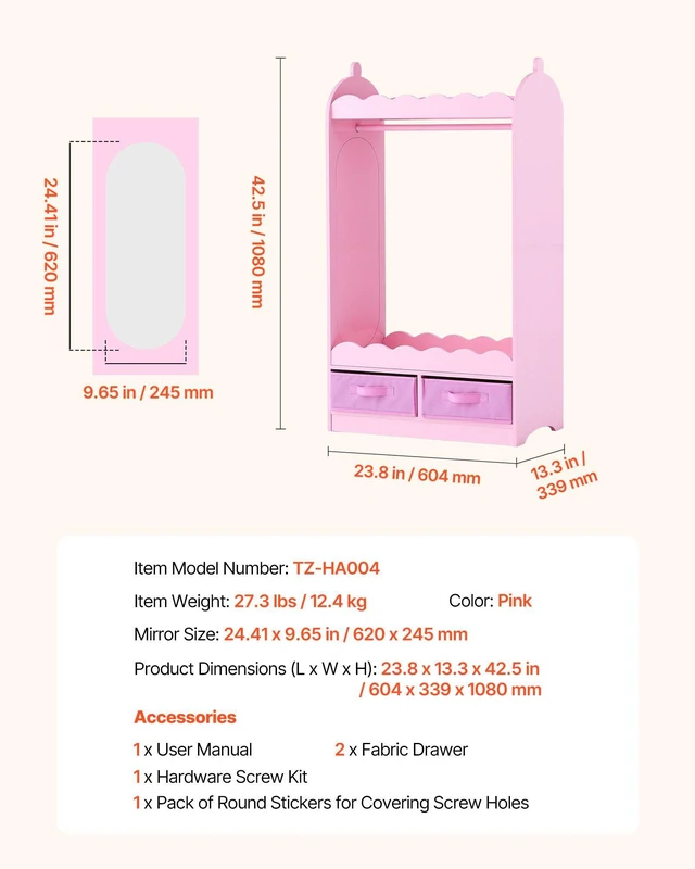 Alt view image 7 of 8 - VEVOR Kids Dress Up Storage, with Mirror, Toddler Costume Wardrobe with Drawer, Dress Up Wardrobe Closet for Little Girls, Pretend Storage Dresser, Costume Organizer, for Bedroom, Kids Room, Pink