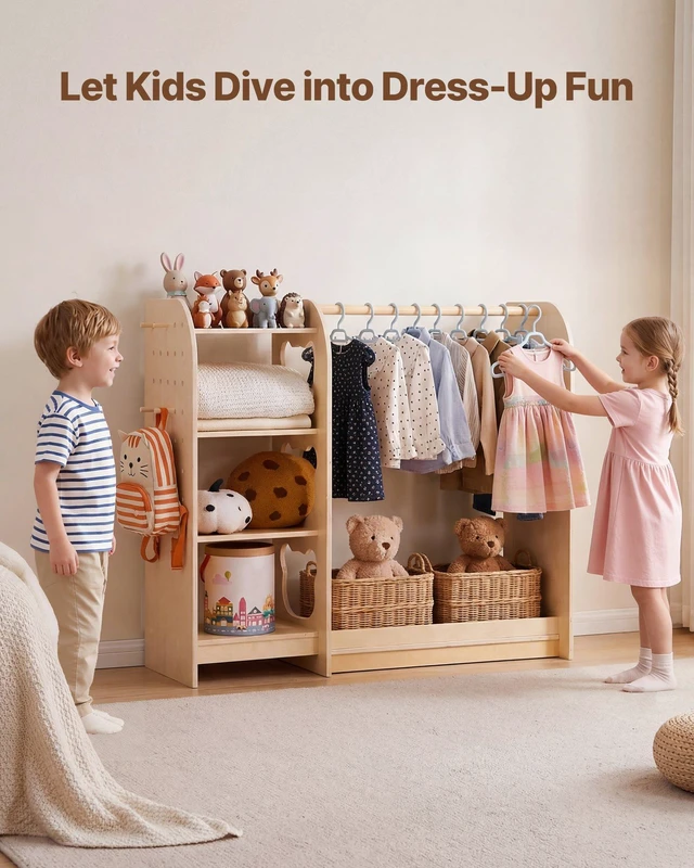 Alt view image 2 of 8 - VEVOR Kids Dress Up Storage, with Mirror, Wooden Kids Dress Up Rack, Toddler Wardrobe Closet for Little Girls, Storage Armoire, Costume Organizer, Children Playroom Furniture, for Bedroom, Natural