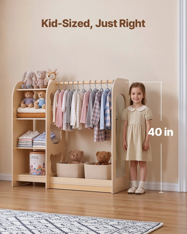 Alt view image 4 of 8 - VEVOR Kids Dress Up Storage, with Mirror, Wooden Kids Dress Up Rack, Toddler Wardrobe Closet for Little Girls, Storage Armoire, Costume Organizer, Children Playroom Furniture, for Bedroom, Natural