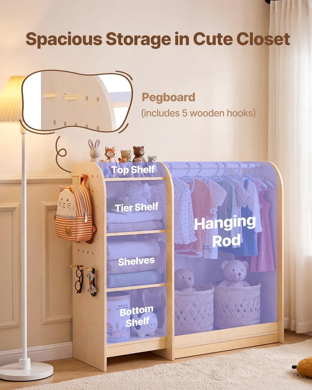 Alt view image 3 of 8 - VEVOR Kids Dress Up Storage, with Mirror, Wooden Kids Dress Up Rack, Toddler Wardrobe Closet for Little Girls, Storage Armoire, Costume Organizer, Children Playroom Furniture, for Bedroom, Natural