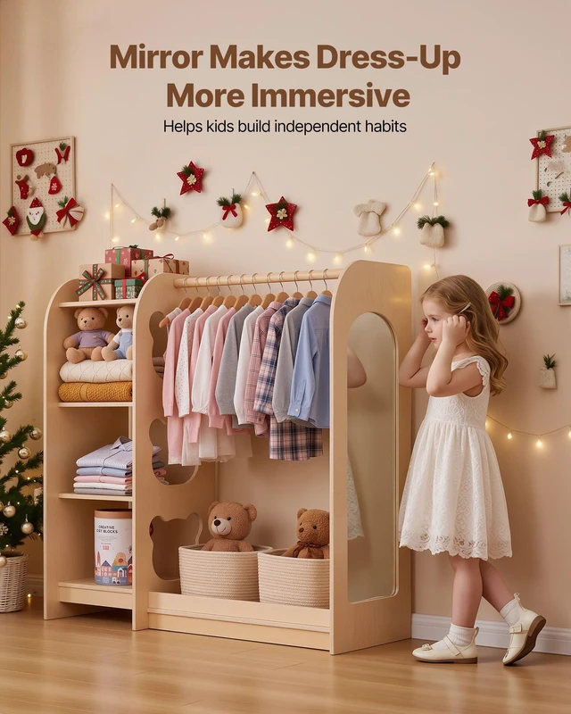 Alt view image 5 of 8 - VEVOR Kids Dress Up Storage, with Mirror, Wooden Kids Dress Up Rack, Toddler Wardrobe Closet for Little Girls, Storage Armoire, Costume Organizer, Children Playroom Furniture, for Bedroom, Natural