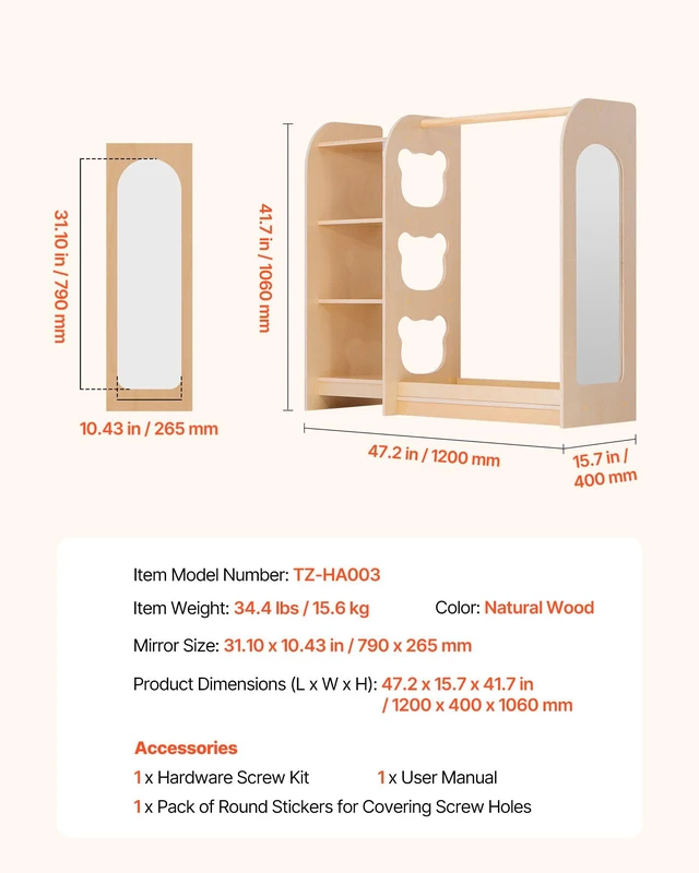 Alt view image 7 of 8 - VEVOR Kids Dress Up Storage, with Mirror, Wooden Kids Dress Up Rack, Toddler Wardrobe Closet for Little Girls, Storage Armoire, Costume Organizer, Children Playroom Furniture, for Bedroom, Natural