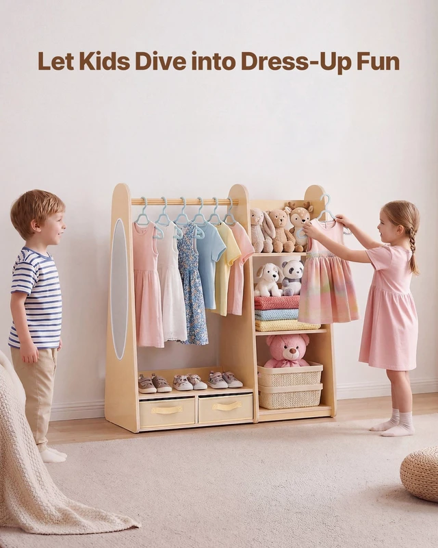Alt view image 2 of 8 - VEVOR Kids Dress Up Storage, with Mirror, Dress Up Closet, Toddler Wardrobe Closet for Little Girls, Armoire with Shelves & Bottom Tray, Costume Organizer, Toddler Room Furniture, for Bedroom, Natural