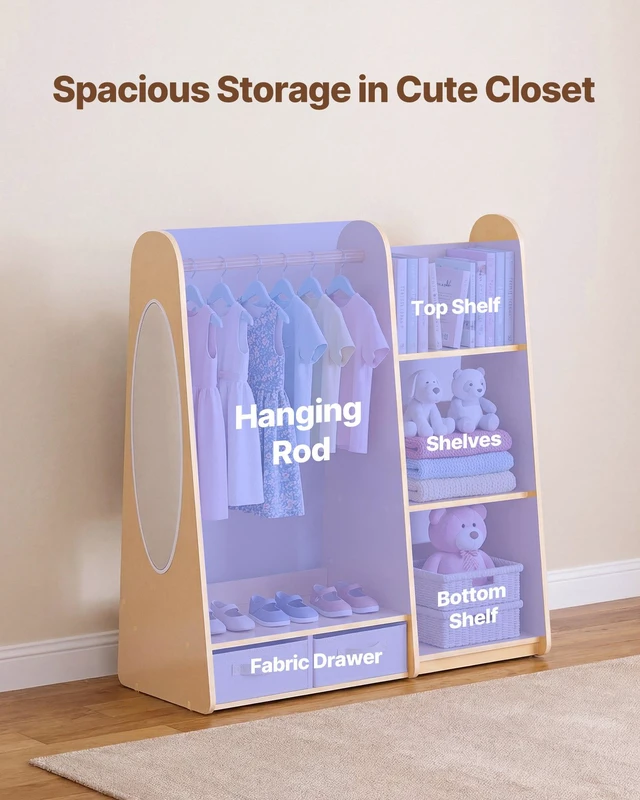 Alt view image 3 of 8 - VEVOR Kids Dress Up Storage, with Mirror, Dress Up Closet, Toddler Wardrobe Closet for Little Girls, Armoire with Shelves & Bottom Tray, Costume Organizer, Toddler Room Furniture, for Bedroom, Natural